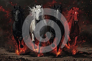 Four horses of the apocalypse - white, red, black and pale. Bible revelation. Generative AI