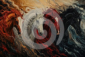 Four horses of the apocalypse - white, red, black and pale. Bible revelation. Generative AI