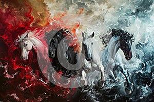 Four horses of the apocalypse - white, red, black and pale. Bible revelation. Generative AI