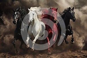 Four horses of the apocalypse - white, red, black and pale. Bible revelation. Generative AI