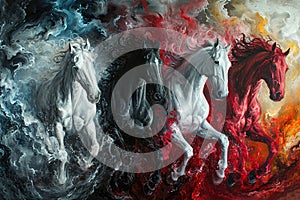 Four horses of the apocalypse - white, red, black and pale. Bible revelation. Generative AI