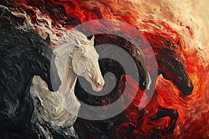 Four horses of the apocalypse - white, red, black and pale. Bible revelation. Generative AI