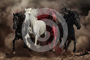 Four horses of the apocalypse - white, red, black and pale. Bible revelation. Generative AI