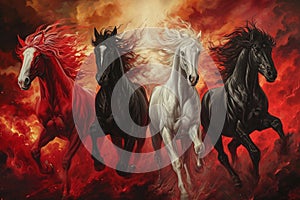 Four horses of the apocalypse - white, red, black and pale. Bible revelation. Generative AI