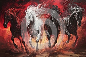 Four horses of the apocalypse - white, red, black and pale. Bible revelation. Generative AI