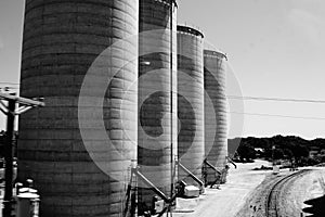 Four huge silos in black and white.