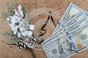 Four hundred dollars and snowy branch on wooden background