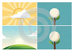 Shows a stylized sun with rays and a white cloud against a yellow