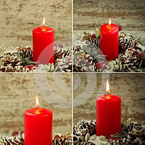 Four images with red candle lit and pinecones for Christmas