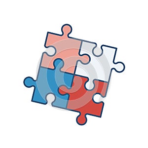 Four interlocked jigsaw puzzle pieces isolated on white background. Artificial intelligence, innovation, smart photo