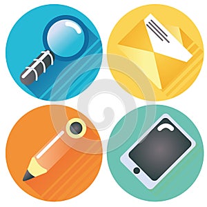 Four internet buttons magnifying glass, letter, pen and tablet