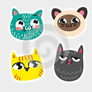 Four isolated cat emoji framed thick white line Blue cat in speckles striped yellow kitty Siamese smiley