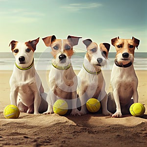 Four jack russells side by side on the beach with tennis balls. Generative AI