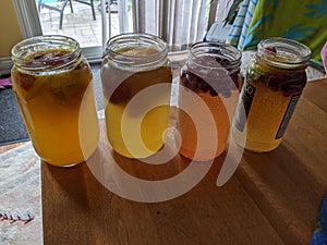 Four jars of Kombucha with fruit to brew the final stages of flavor
