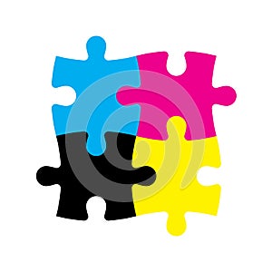 Four jigsaw puzzle pieces in CMYK colors. Printer theme. Vector illustration