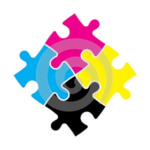 Four jigsaw puzzle pieces in CMYK colors. Printer theme. Vector illustration