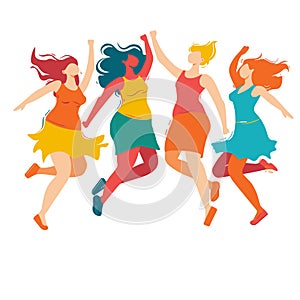 Four joyful women dancing freely, celebrating togetherness happiness, full life energy. Vibrant photo
