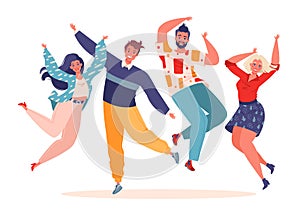 Vector, trendy illustration in flat cartoon style with four young joyful laughing people jumping