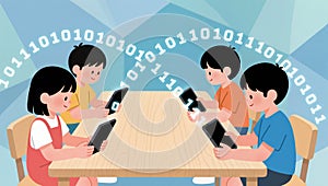 Kids coding on tablets in a bright classroom