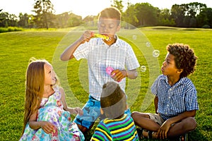 Four kids on glade with soap bubble.