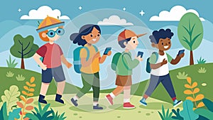 Four kids on a hiking trail their AR devices showing them information about the plants and animals they encounter along