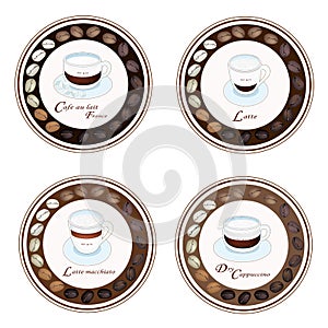 Four Kind of Coffee Beverage in Retro Round Label photo