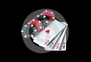 Four of a kind or quads cards and chips in the black background. Winning combination at a poker club or casino