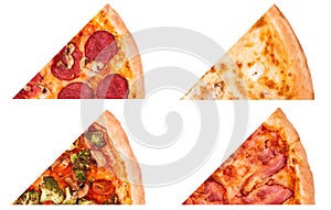 Four kinds of tasty pizza, set or collage of pizza slices isolated on white. Salami pizza, Quattro formaggi, with vegetables