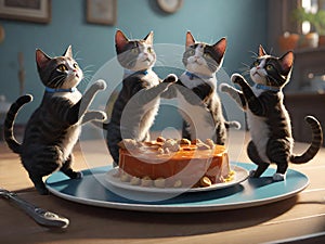 Four kittens excited about their kitten cake