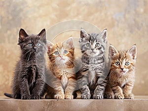 Four kittens sitting on a ledge looking at the camera