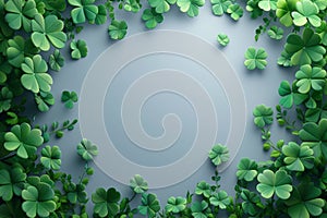 Four-leaf clover border on light grey background upper view. Wishing good luck on Saint Patrick day greeting card design