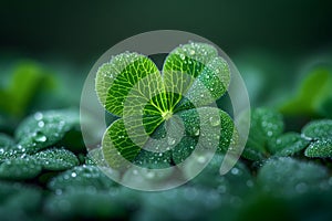 Four-leaf clover with dew drops on it. Vibrant green - St. Patrick\'s Day. AI generated illustration.