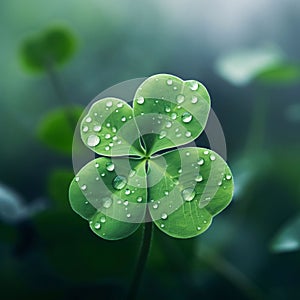 Four-leaf clover with drops of water, dew on smudged green background. Green four-leaf clover symbol of St. Patrick\'