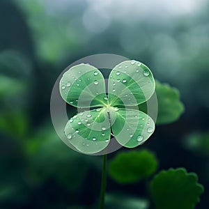 Four-leaf clover with drops of water, dew on smudged green background. Green four-leaf clover symbol of St. Patrick\'