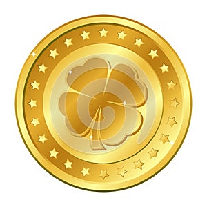 Four-leaf clover gold coin with stars. Saint Patrick`s day. Irish. Shamrock. Lucky. Vector