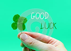 Four-leaf clover in a hand,  on a green background. 'Good luck' card. Concept St. patricks day, success,...