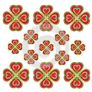 Four leaf clover knitted red hearts seamless repeated pattern, Saint Patrick Day