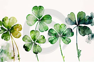 Four leaf clover pattern. St. Patrick`s day watercolor on white background.
