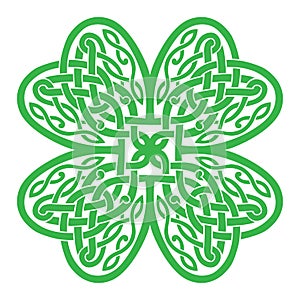 Four-leaf clover shaped knot made of Celtic heart shape knots, green silhouette, celtic style tattoo. Isolated vector