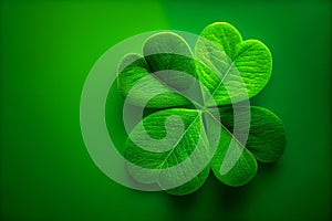 Four-leaf green clover for good luck on St. Patrick's Day, bright green background. Copy space. Generative Ai