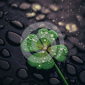 Four-leaf green clover with raindrops, dew on dark background with water drops. Green four-leaf clover symbol of St. Patrick