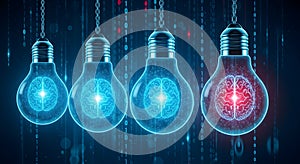 Four Lightbulbs with Glowing Brains and Binary Code Background