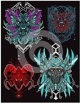 Four lion robots in different styles and sacred geometry bundle