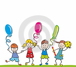 Four little children, baby boys and girls with balloons, ball and sweet, eps.
