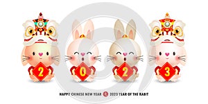 Four little rabbit holding sign golden Happy chinese new year 2023 year of the rabbit zodiac, gong xi fa cai Cartoon isolated