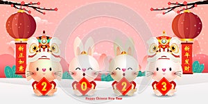 Four little rabbit holding sign golden Happy chinese new year 2023 year of the rabbit zodiac, gong xi fa cai Cartoon isolated