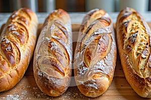 Four loaves of bread are lined up on a wooden table