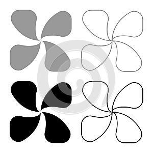 Four lobed fan blade paddle vane ventilation blade set icon grey black color vector illustration image solid fill outline contour