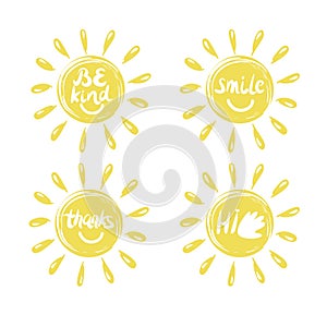 Four logo in the shape of a sun with a handwritten Hi, Thanks , Be kind, smile.