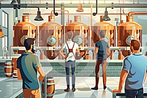 Four Male Craft Beer Brewers Having a Discussion in a Modern Craft Brewery Setting